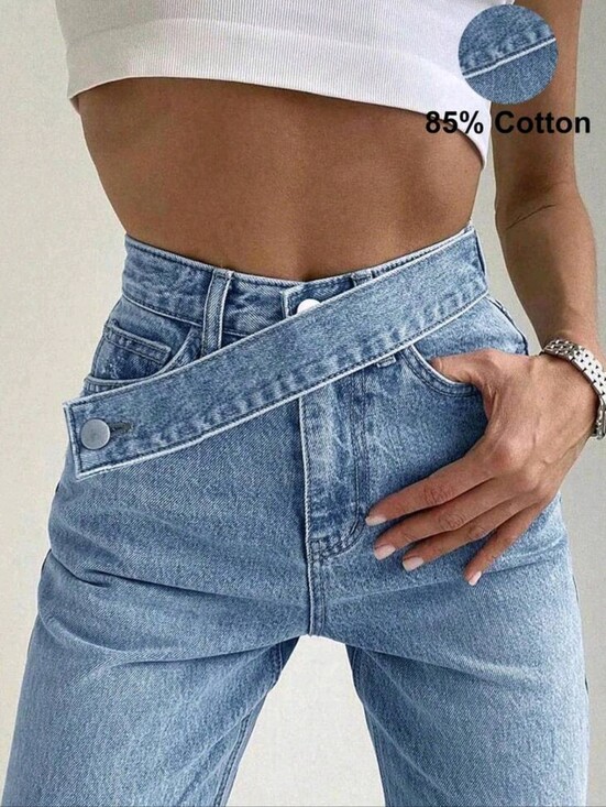 Denim - Light Wash Women’s Jeans with Asymmetric Waist Strap